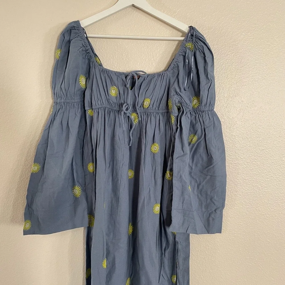 NWOT Free People Sun Embroidery Midi Dress Cottagecore L Blue Summer Linen Boho - Picture 4 of 16